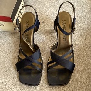 Strappy satin heels, navy blue, size 10